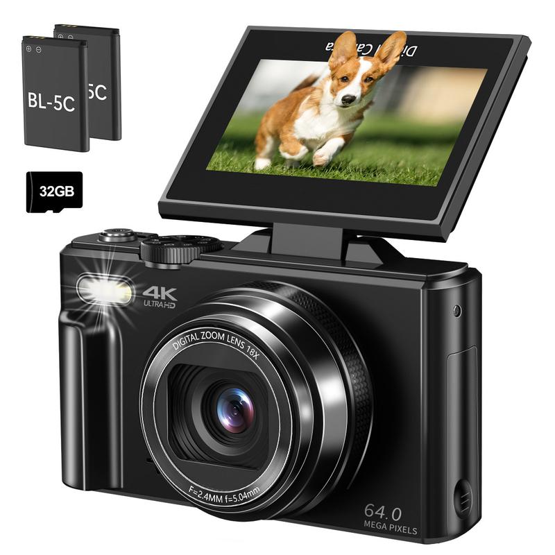 📸 4K Ultra HD Digital Camera – 64MP with 180° Flip Screen, Zoom & Dual Batteries
