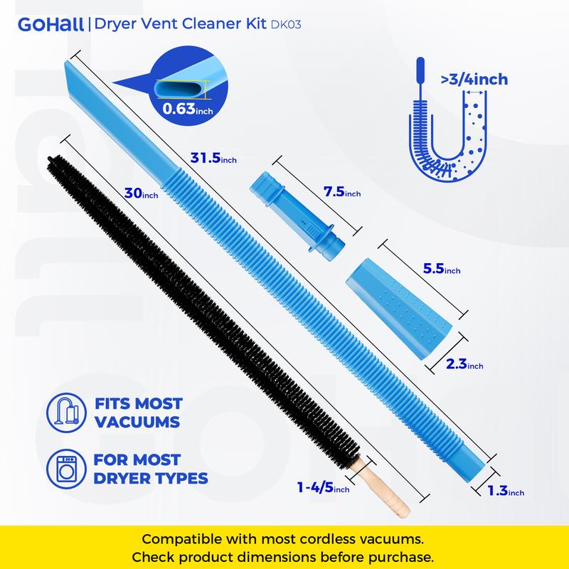 Two-piece dryer vent cleaning kit: Includes a lint brush and a vacuum hose.