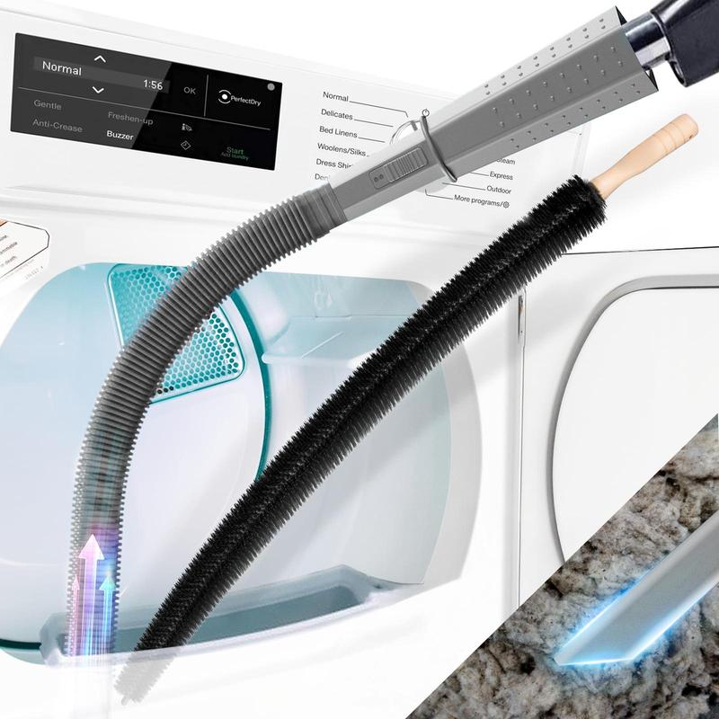 Two-piece dryer vent cleaning kit: Includes a lint brush and a vacuum hose.